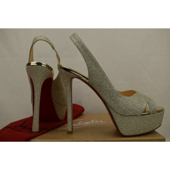 LOUBOUTIN POSTDAM 130 IVORY GOLD GLITTER LEATHER SLING BACK PLATFORM PUMPS 40.5 - Picture 9 of 12